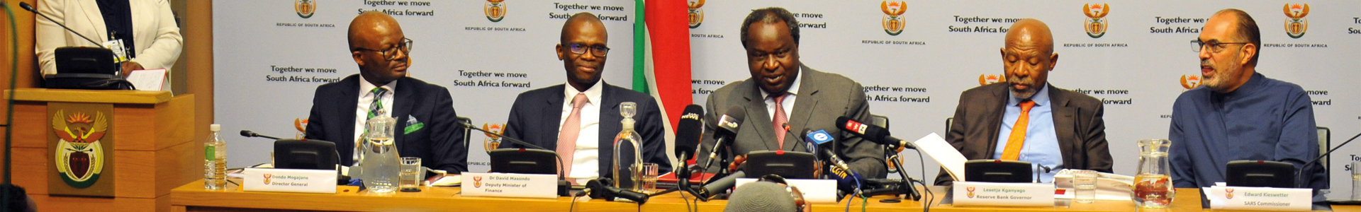 Dondo Mogajane (Director General), David Masondo (Deputy Minister of Finance), Minister of Finance Tito Mboweni, Lesetja Kganyago (Reserve Bank Governor) and Edward Kiewetter (SARS Commisioner) during the 2020 National Budget Press Conference at the Parliament House on February 26, 2020 in Cape Town.