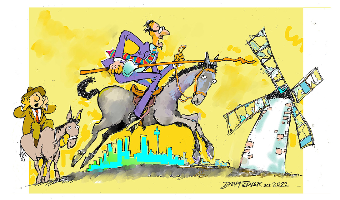 Cartoon showing male on horse and lance with windmill