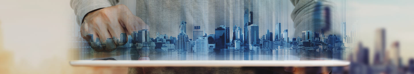 Man standing over a digital skyline
