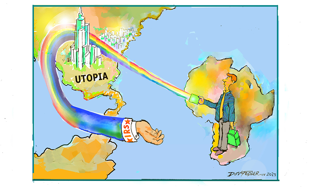 Cartoon showing a man holding a green card in another country, reaching around the US