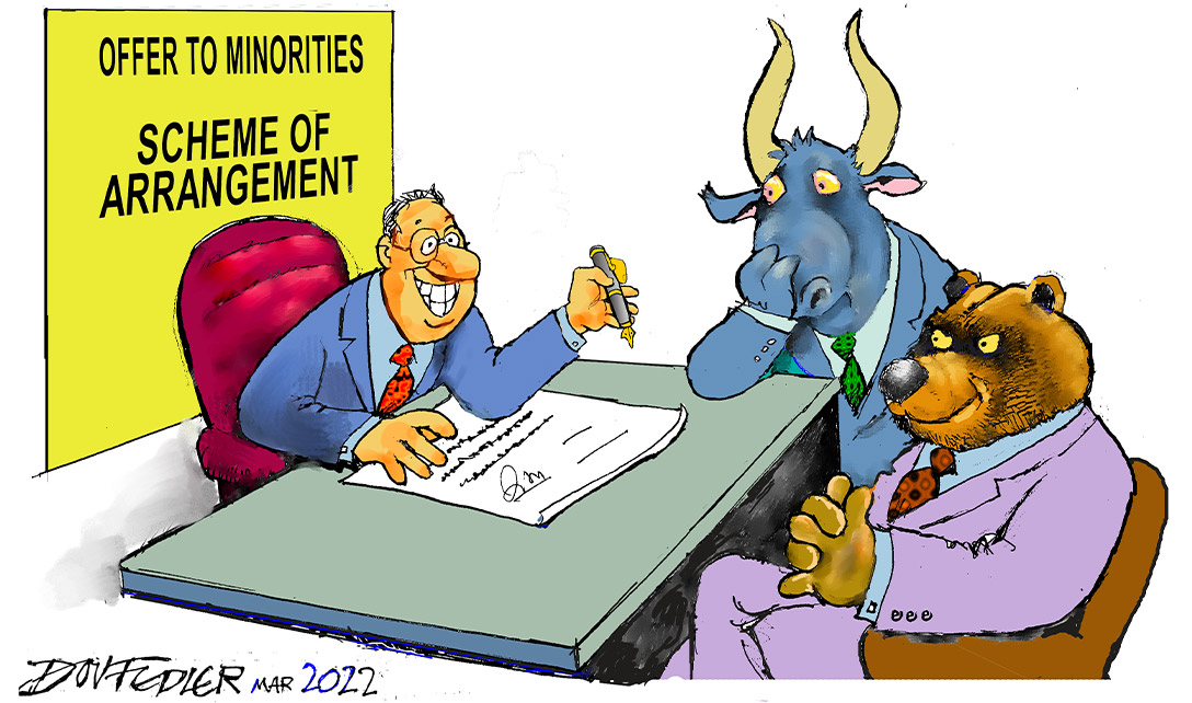 Cartoon showing offer to minorities scheme of arrangement