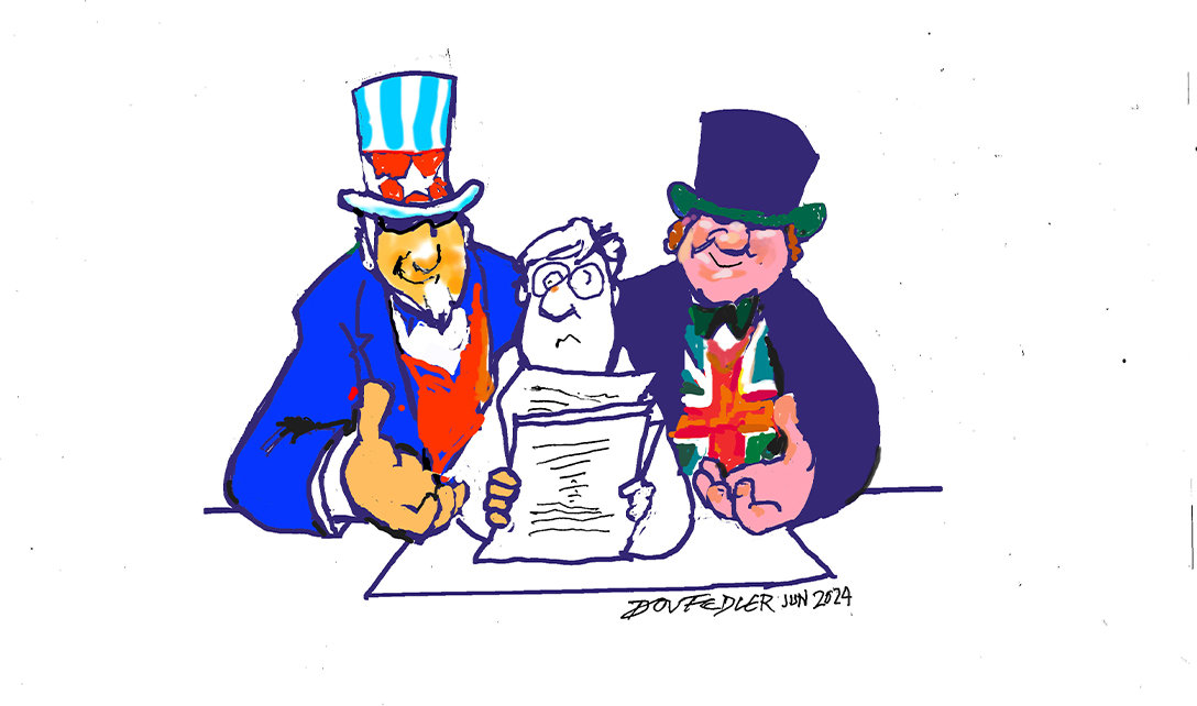 Cartoon graphic of 2 men standing behind a man sitting down holding paperwork
