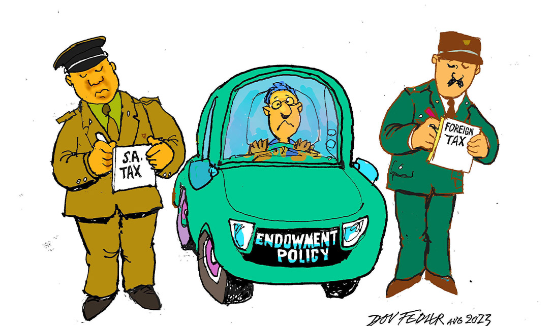 Cartoon showing SA Tax and Foreign Tax inspectors checking a car labelled with endownment policy on the number plate