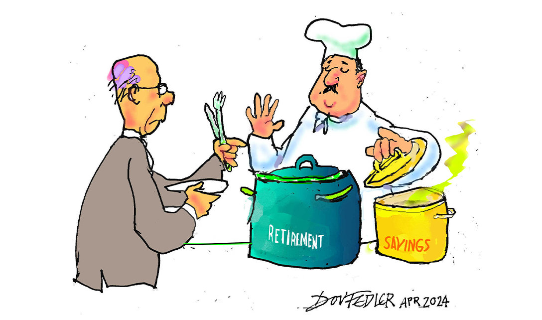 Chef with 2 cooking pots with 'Retirement' and 'Savings' written on them, with a man holding an empty plate and cutlery
