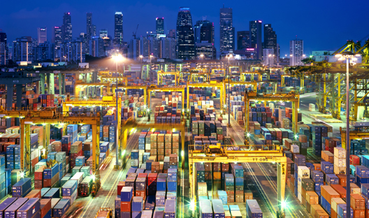 Singapore container terminal with city skyline in background