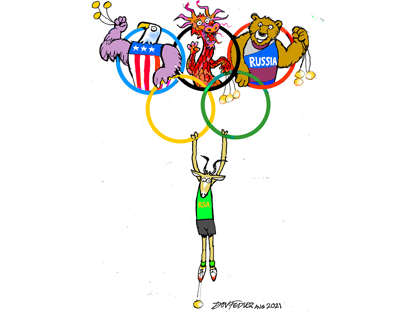 Olympics cartoon showing South Africa hanging onto the Olympic rings