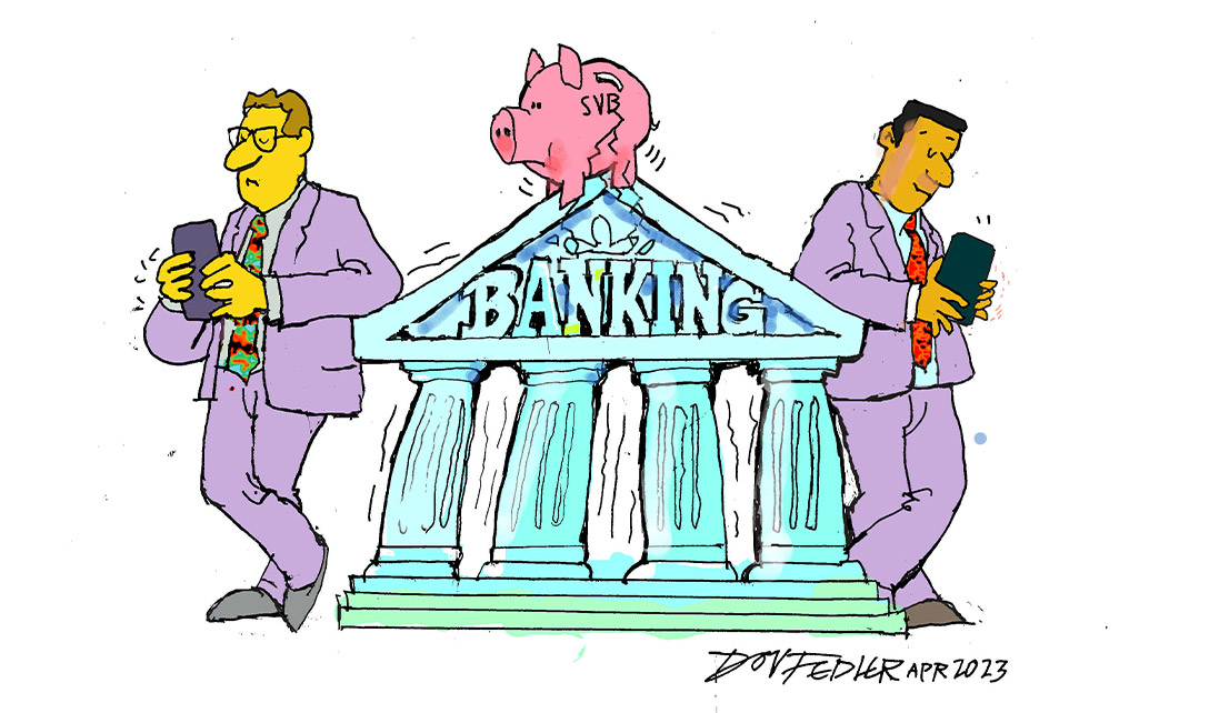 Cartoon showing bankers leaning against a bank building with a pig sitting on top of the building