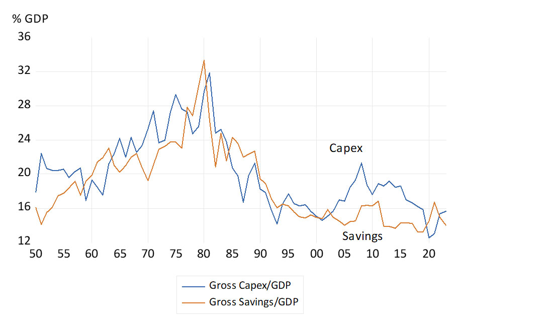 Gross capex and gross savings as a percentage of GDP  