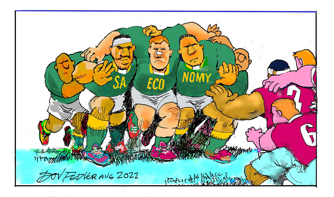 SA rugby forwards with economy written on their shirts cartoon