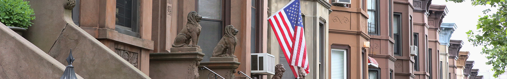 A row of terrace buildings with the United States flag