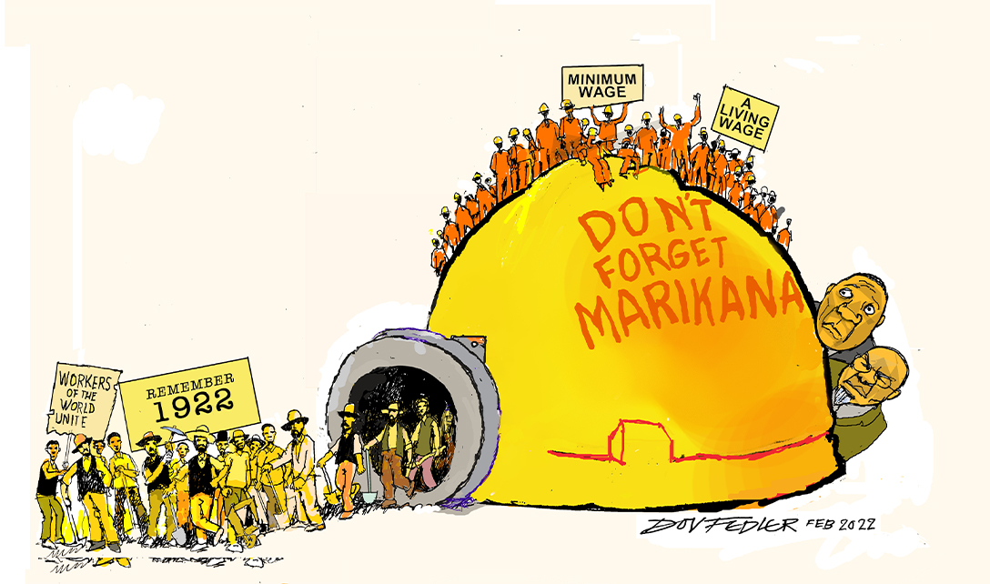 Cartoon showing miners hat and miners coming out of the entrance with don't forget marikana