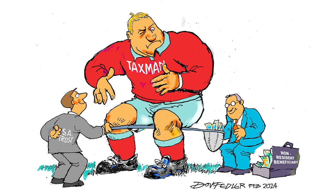 Cartoon depicting a man (S.A Trust) giving money to non-resident beneficiary underneath the tax man