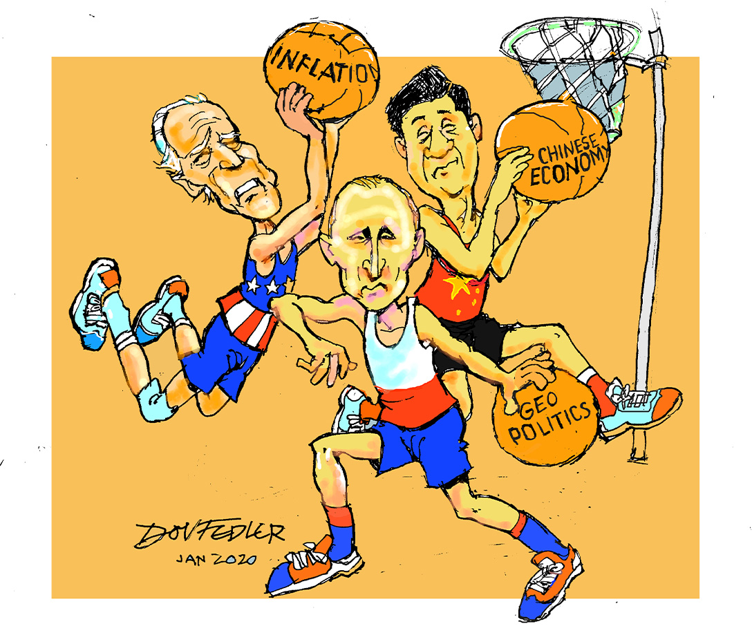 Cartoon showing leaders of USA, Russia and China playing basketball