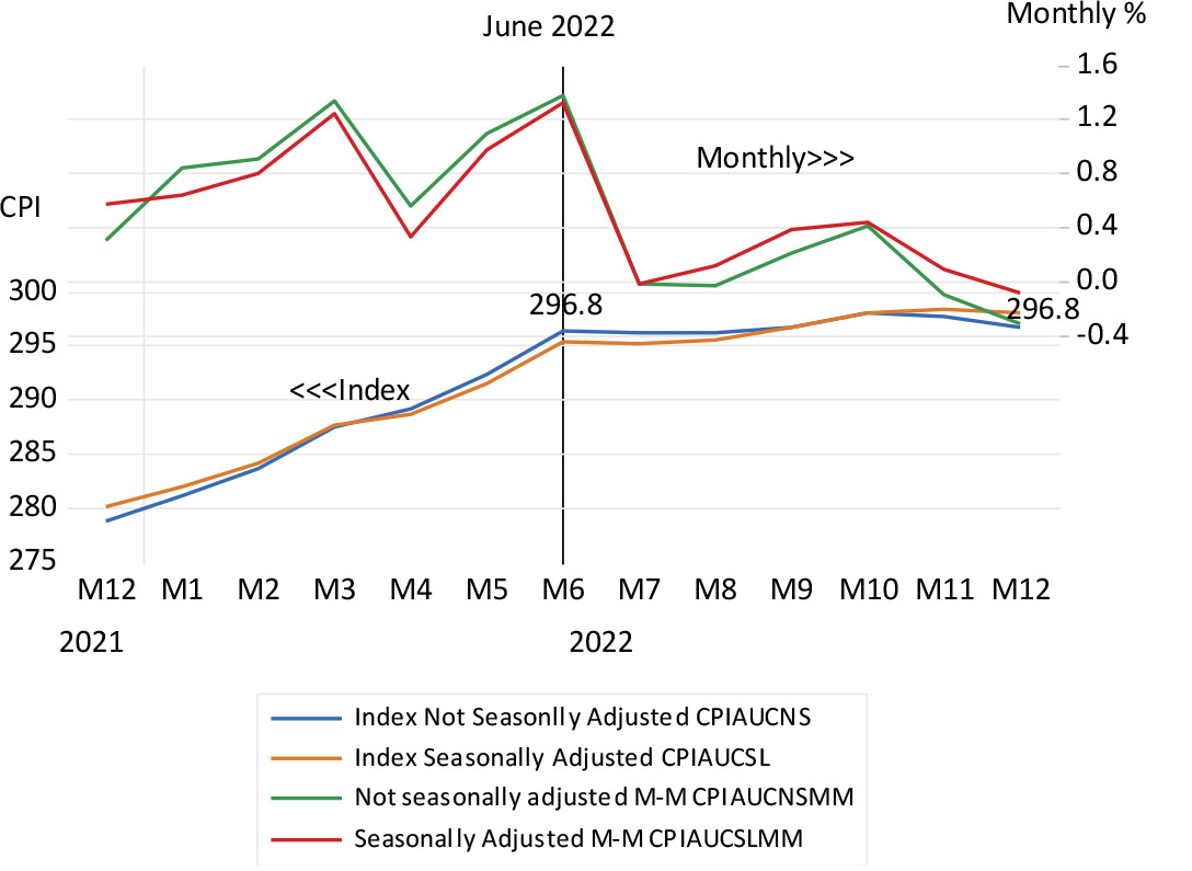 The US CPI, unadjusted and seasonally adjusted, monthly percentage change from January 2021 to December 2022 chart