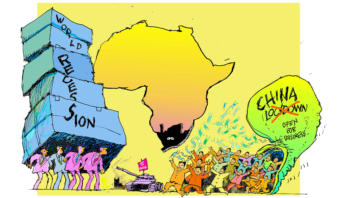 Cartoon showing world recession on one side and China open for business on the other