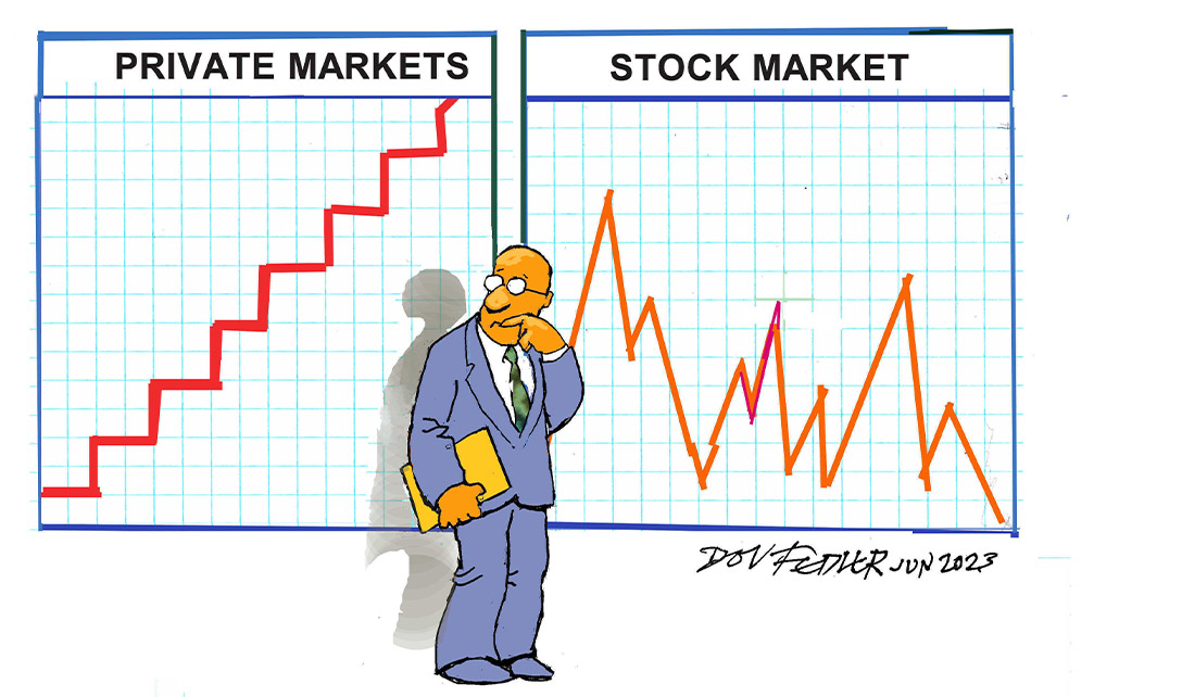 Cartoon showing two charts of private markets and stock markets