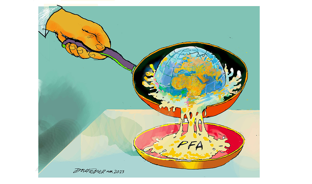 Cartoon of a globe frying in a pan, dripping Perfluoroalkoxy alkanes