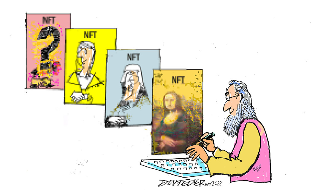 Cartoon showing somebody creating digital NFTs