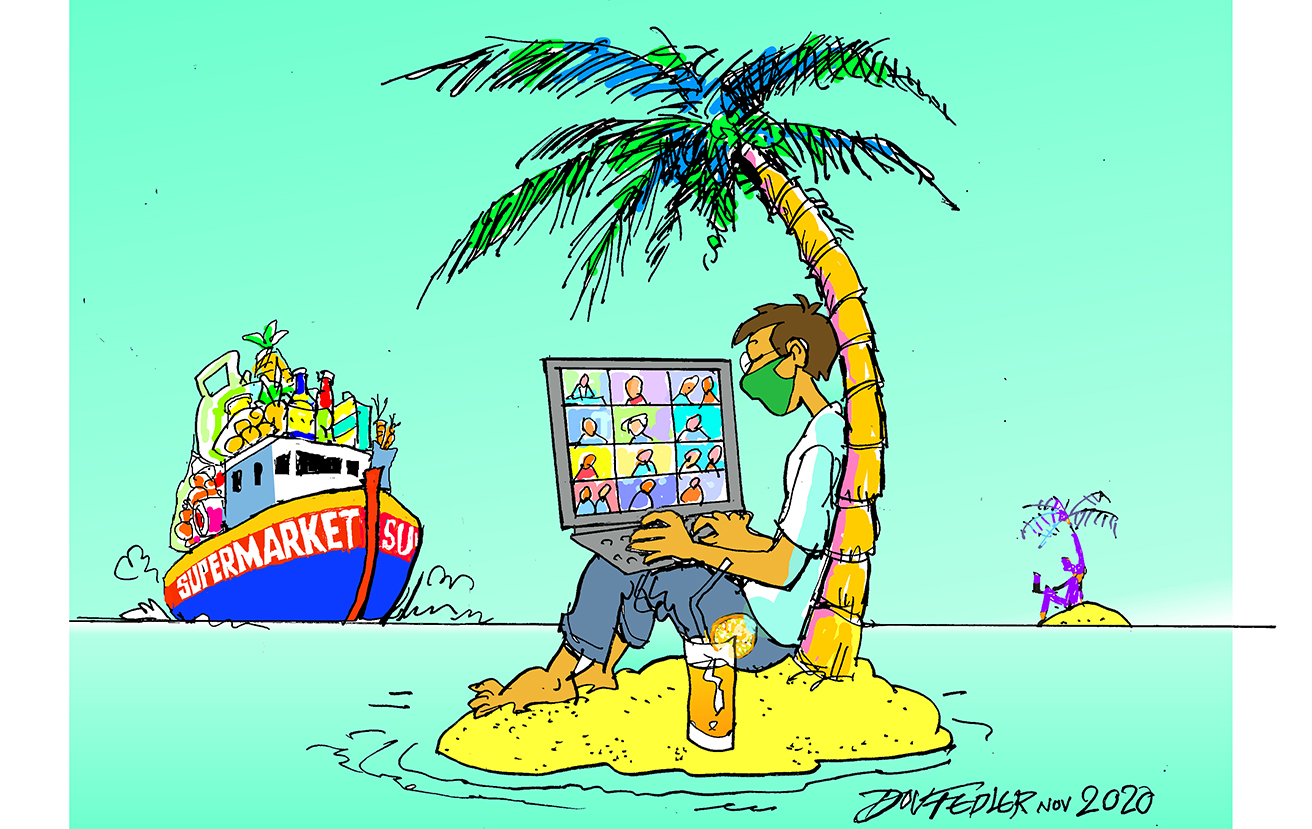 working from a remote island cartoon