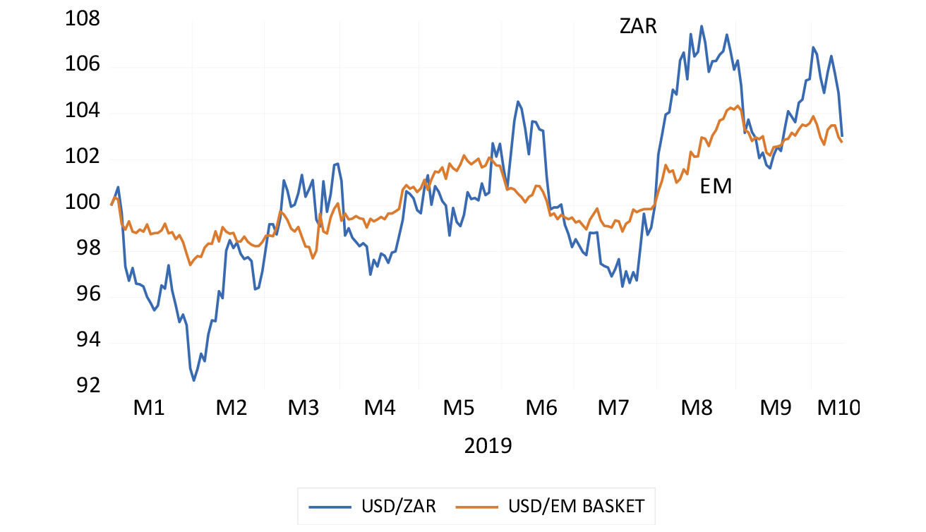 The USD/ZAR and the USD/emerging market currency exchange rates in 2019