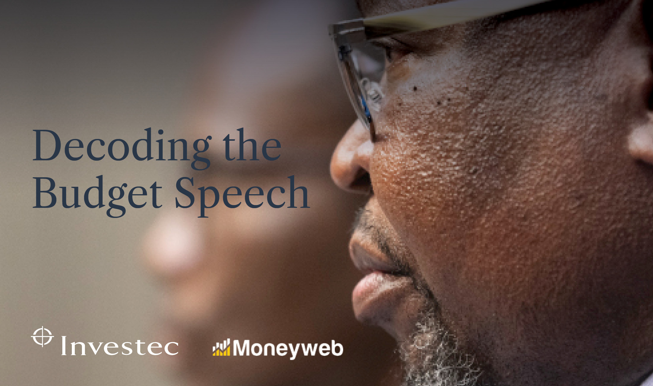 South Africa Finance Minister Enoch Godongwana on an Investec Moneyweb banner that says "Decoding the Budget Speech"