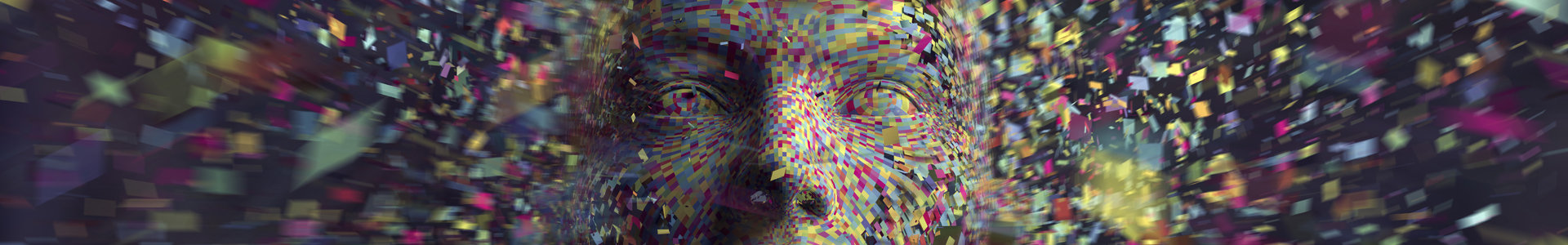 A computer-generated graphic of a human-like face being created from thousands of images and pieces of data