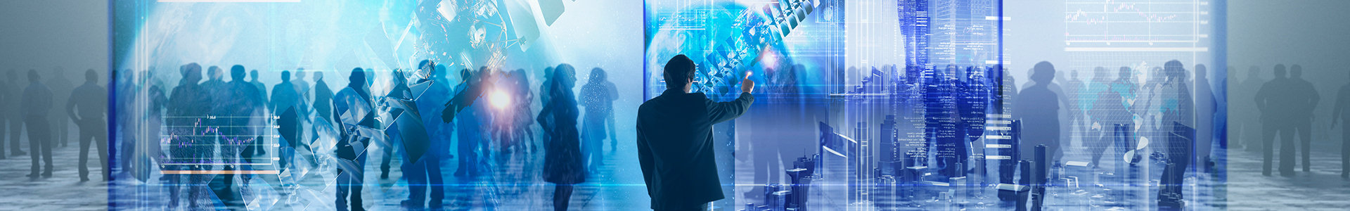 businessman using virtual visual screen in crowd