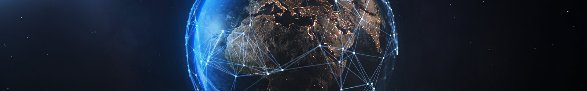 Image of earth with a blue glowing light around it connecting countries