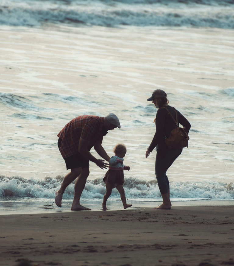 family playing on the beach