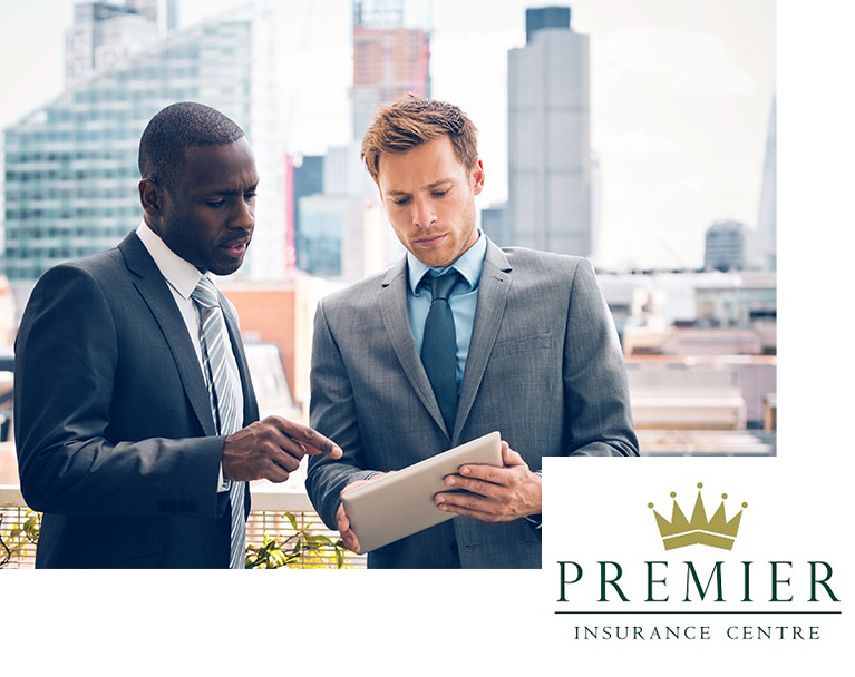 two business men looking at tablet, with the Premier Insurance Centre logo in bottom right hand corner