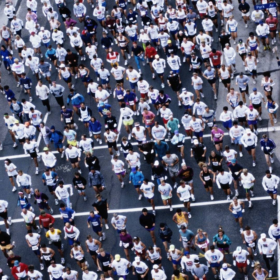 A sea of marathon runners, viewed from above