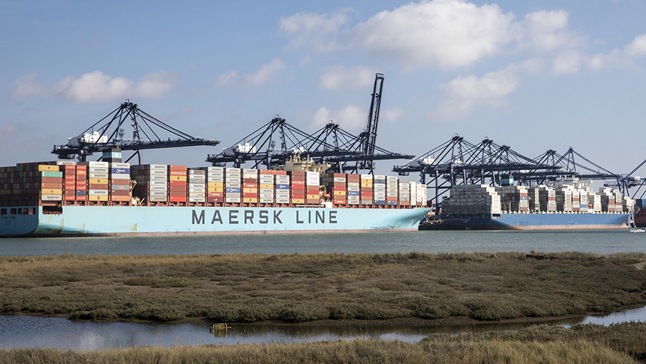 Container ships being loaded at Felixstowe, England.