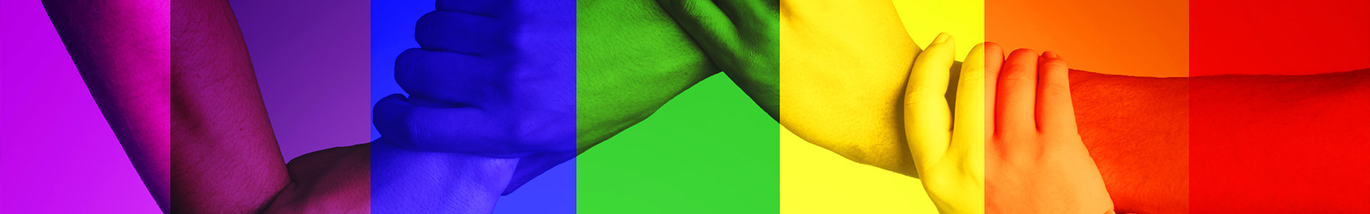 Hands linked together behind a raindow flag