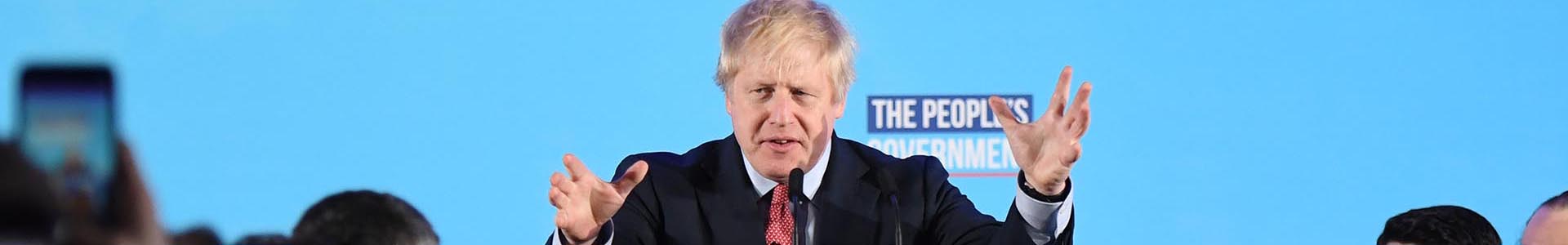 Britain's Prime Minister and leader of the Conservative Party, Boris Johnson makes a speech at QEII as the Conservatives celebrate a sweeping election victory on December 13, 2019 in London, England