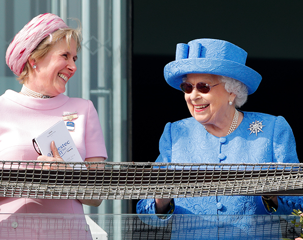 Julia Budd (left), chairman of the Epsom Downs racecourse, pictured with Queen Elizabeth II at the 2019 Investec Derby