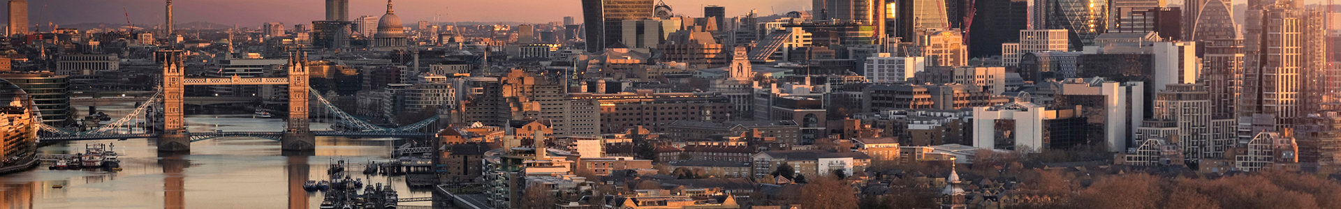 The skyline of London city with Tower Bridge and financial district during sunrise