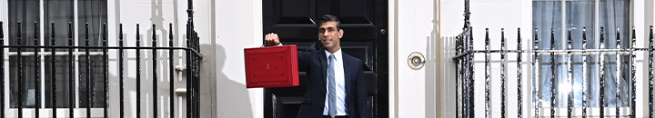Rishi Sunak, Chancellor of the Exchequer, holding his budget case outside Downing Street