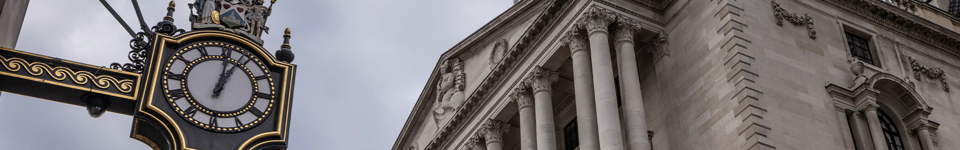 Bank of England building with close-up of clock