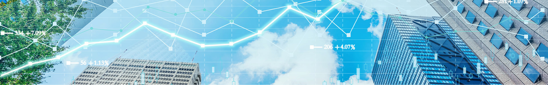 Office buildings with blue sky and an overlay of stock tracker graph