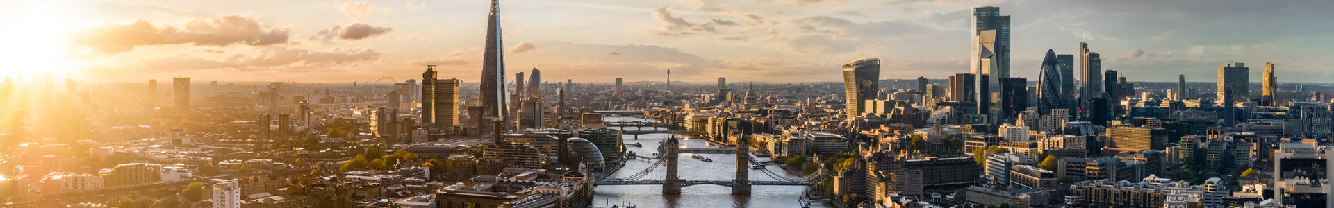 Panoramic view to the skyline of London at sunset