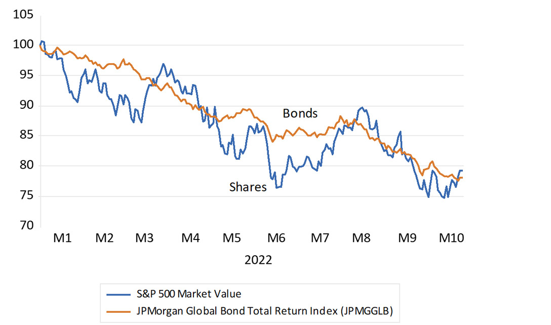 Performance of global equities and bonds in US dollars (1 January 2022 = 100)