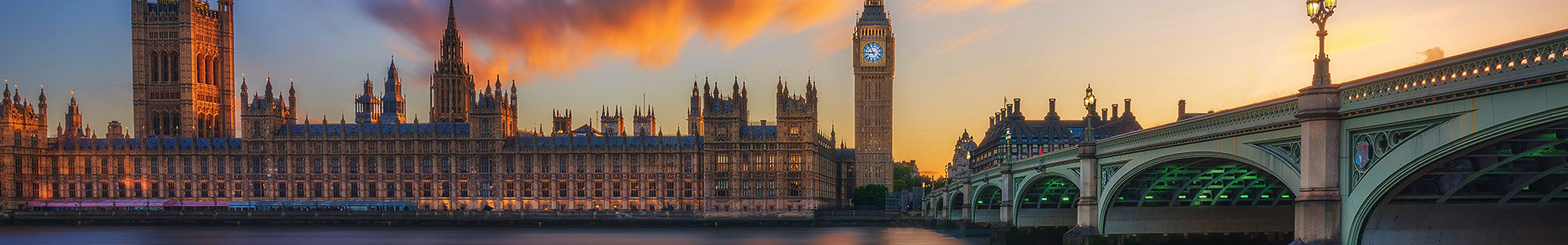 Houses of Parliment and Westminster Bridge with sunset in background