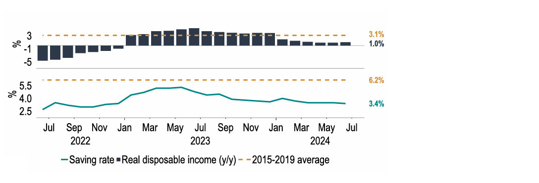 Chart 9: What now drives consumption? Income growth has slowed and the saving rate is low…