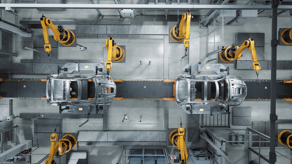Production line overview of car manufacturing