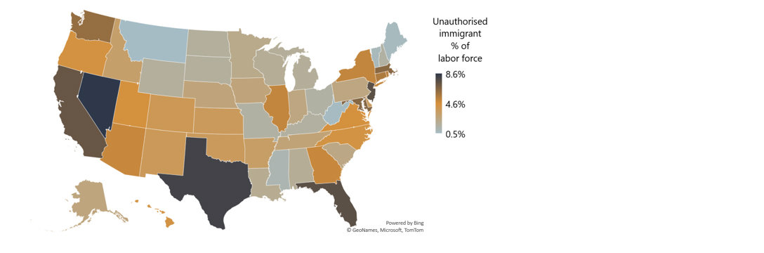 Chart 8: Around 5% of the US labour force are undocumented migrants, higher in some states