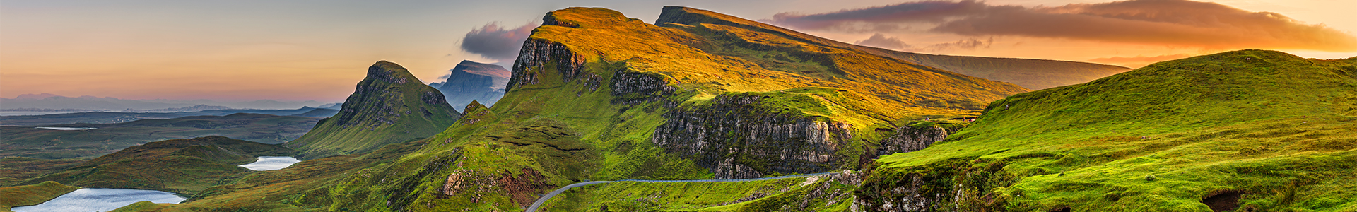Quiraing mountains sunset at Isle of Skye, Scottish highlands