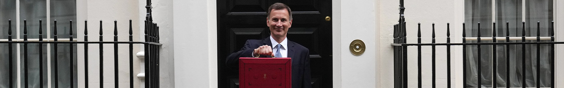 Chancellor Jeremy Hunt standing outside number 11 Downing Street with the red box