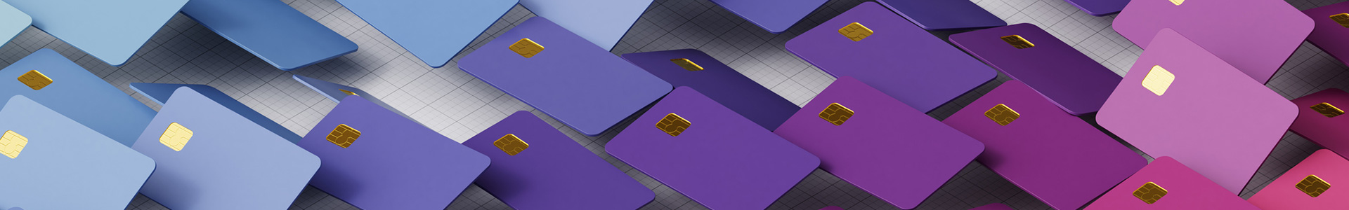 Rows of different bank account cards with different colour schemes showing