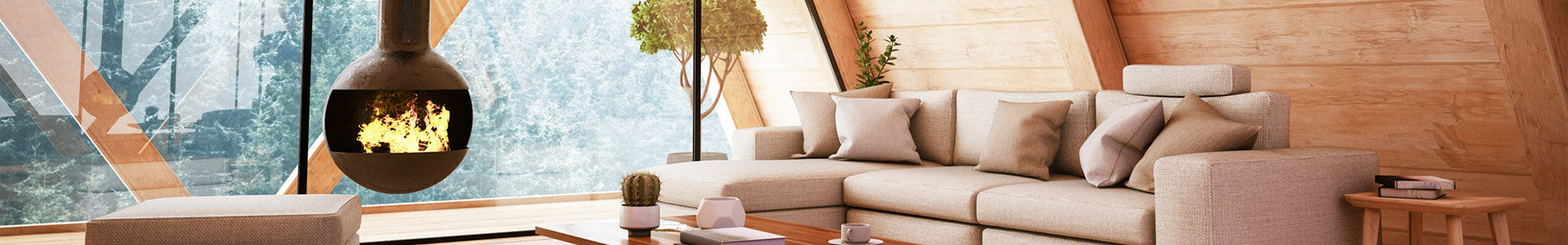 Stylish modern wooden lounge area with view of trees outside