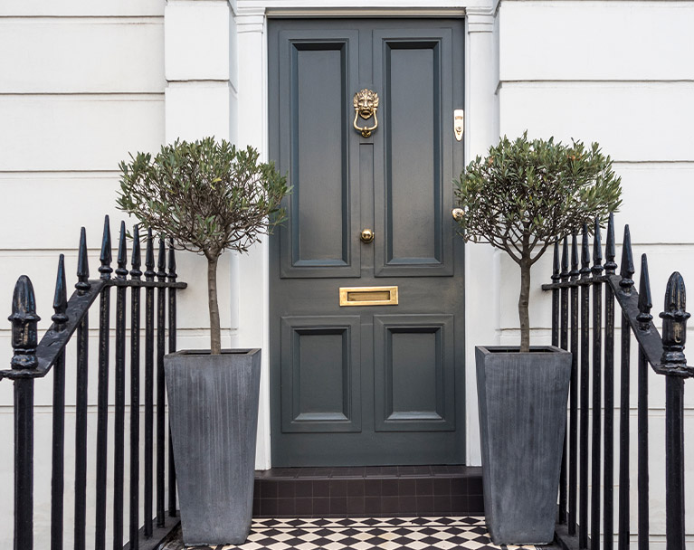 Railings leading to a front door with planters either side of the door